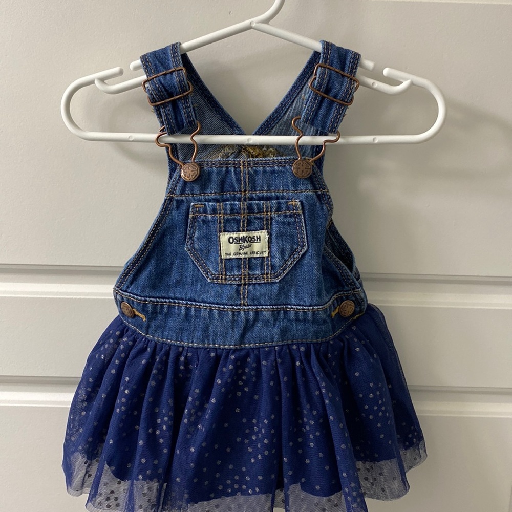 OshKosh B’gosh denim overalls skirt tutu navy with silver sparkle polka dots